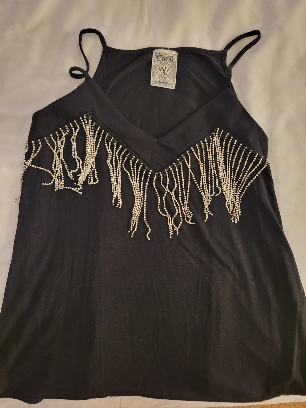 Vocal Black Camisole with Silver Beaded Fringe